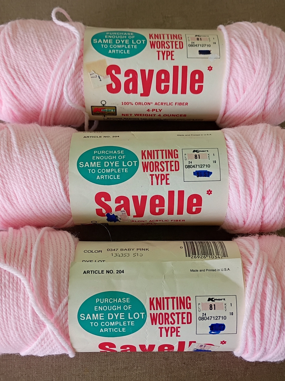 VTG Kmart Sayelle 4Ply Worsted Acrylic Yarn in Baby Pink 4oz Lot of 3 Skeins